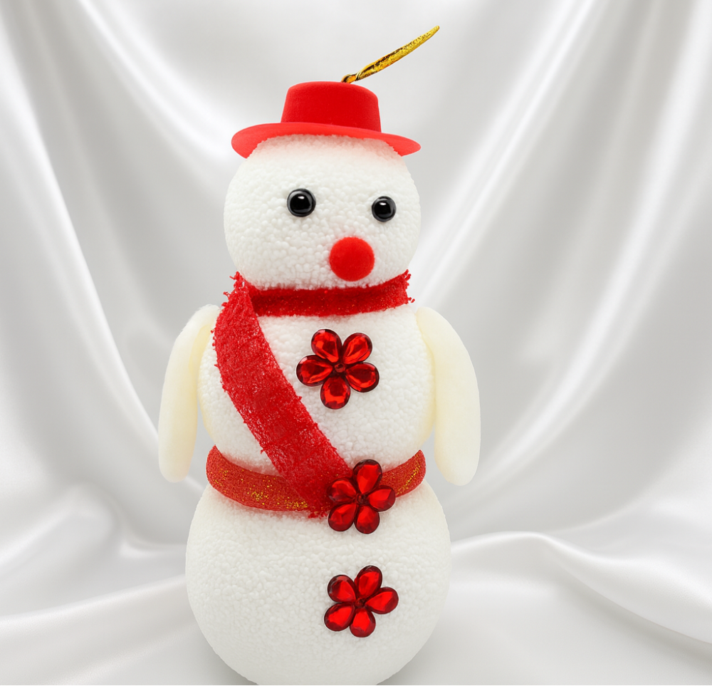 Decorative snowman ornament with red hat, scarf, and flowers on a white background